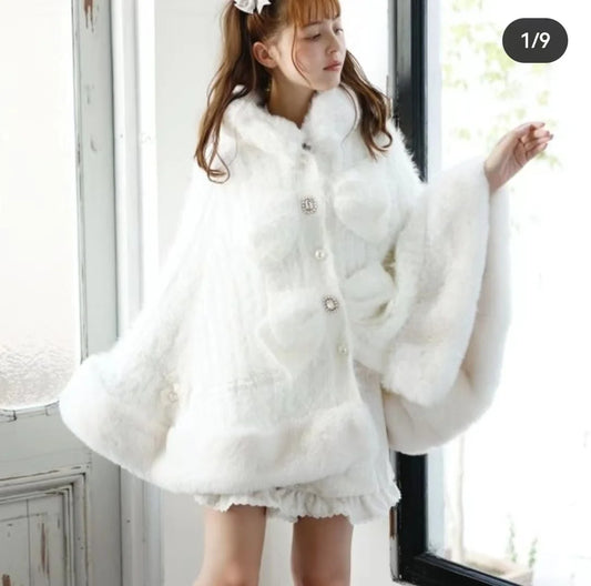 Godivana Lolita Style Faux Rabbit Fur Cape Coat with Bow & Rhinestones - White