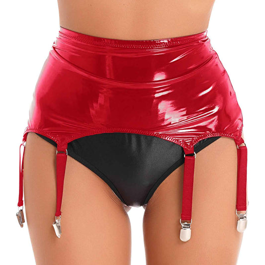 Womens Garters Suspender Belt Skirts Ladies Wet Look Mini Skirts Leather Garters with Metal Clips Clubwear Costume Underwear