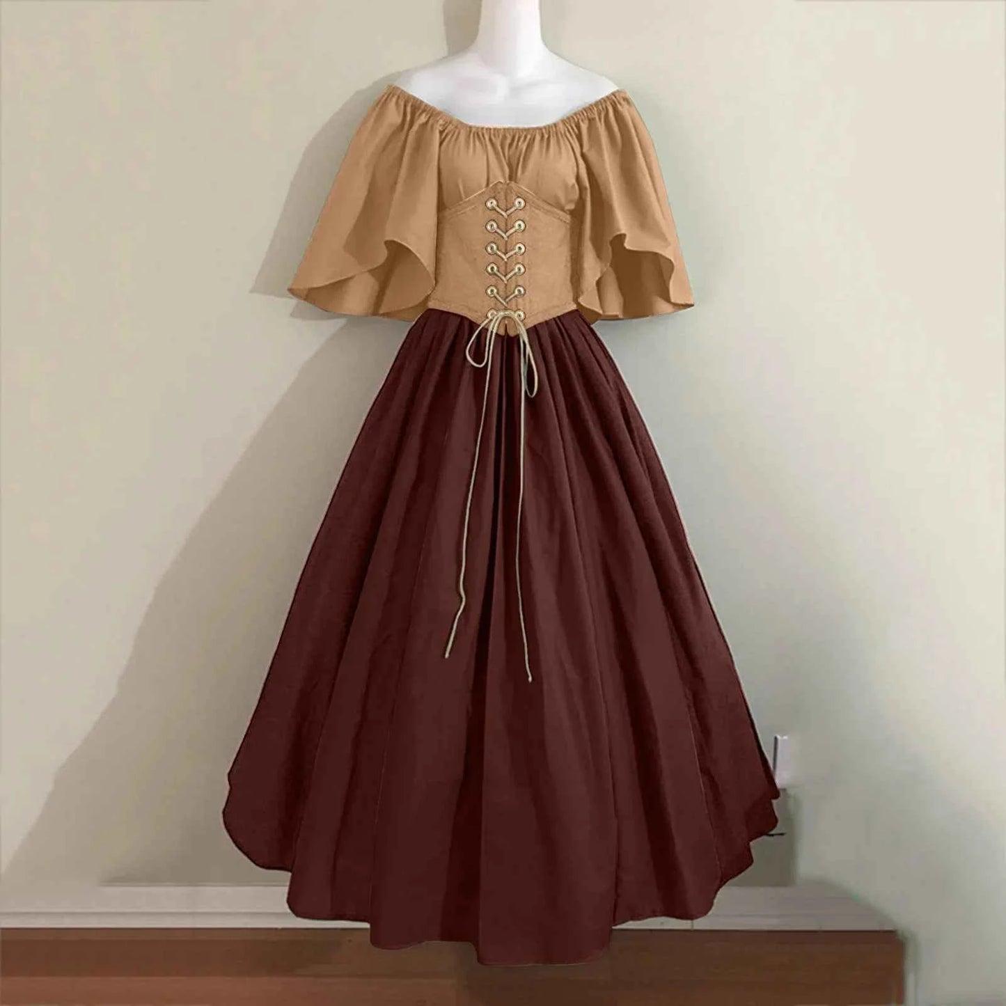 Halloween Costumes for Women Medieval Retro Contrasting Color Slim Swing Dress One-word Shoulder Dress Love Live Cosplay
