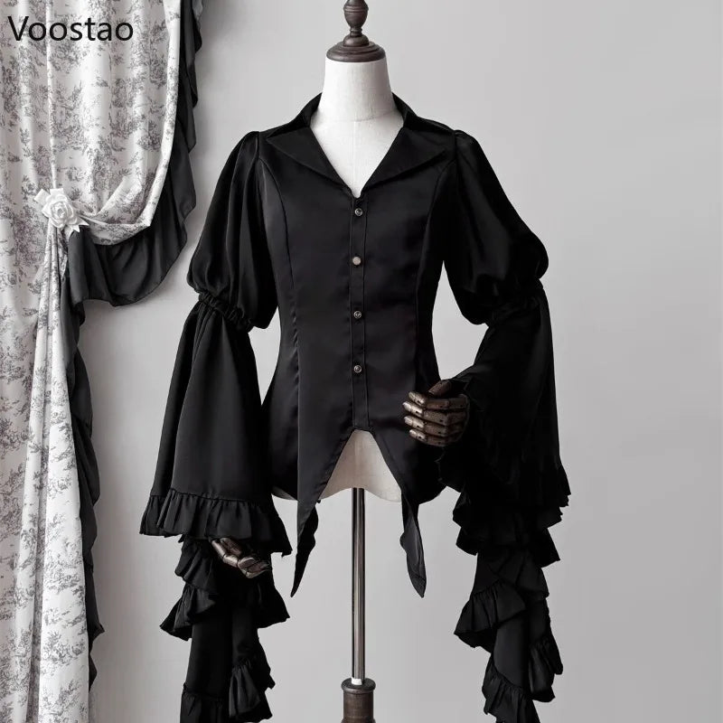 Japanese Vintage Elegant Lolita Shirt Women Victorian Gothic Flare Sleeve Blouses Female Y2k Aesthetic Casual Retro Tops Blusas SS69 51.69 black / XL