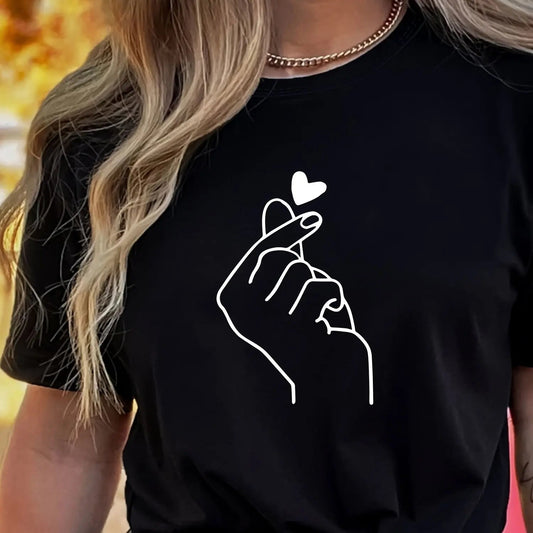 Cute Print Solid Crew Neck T-Shirt, Short Sleeve Casual Every Day Top For All Season, Women's Clothing SS69 10.69 FQ023W Black / S