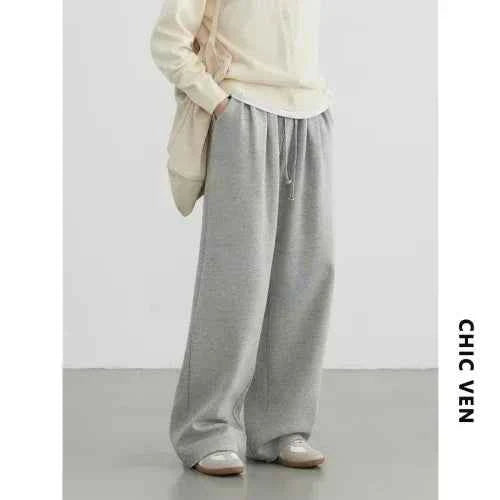 CHIC VEN Women's Pant Streetwear Solid Loose New Drawstring Sports Casual Trousers High Waisted Pants Autumn Winter 2025