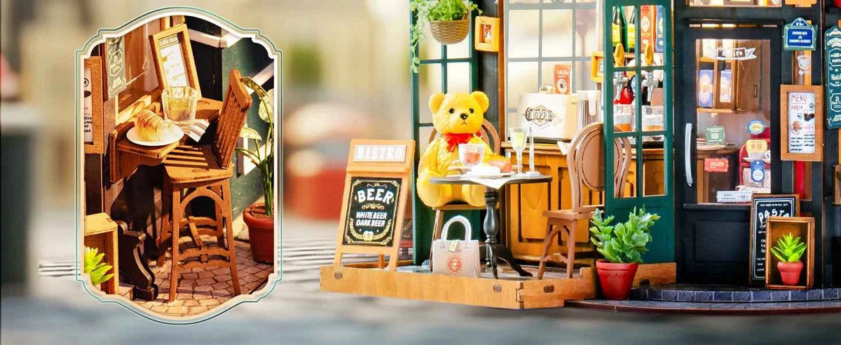 Robotime Rolife DIY Miniature House Kit Tipsy Restaurant Desk Bookshelf Decoration for Adults Gift Idea For Girls Boys Kids