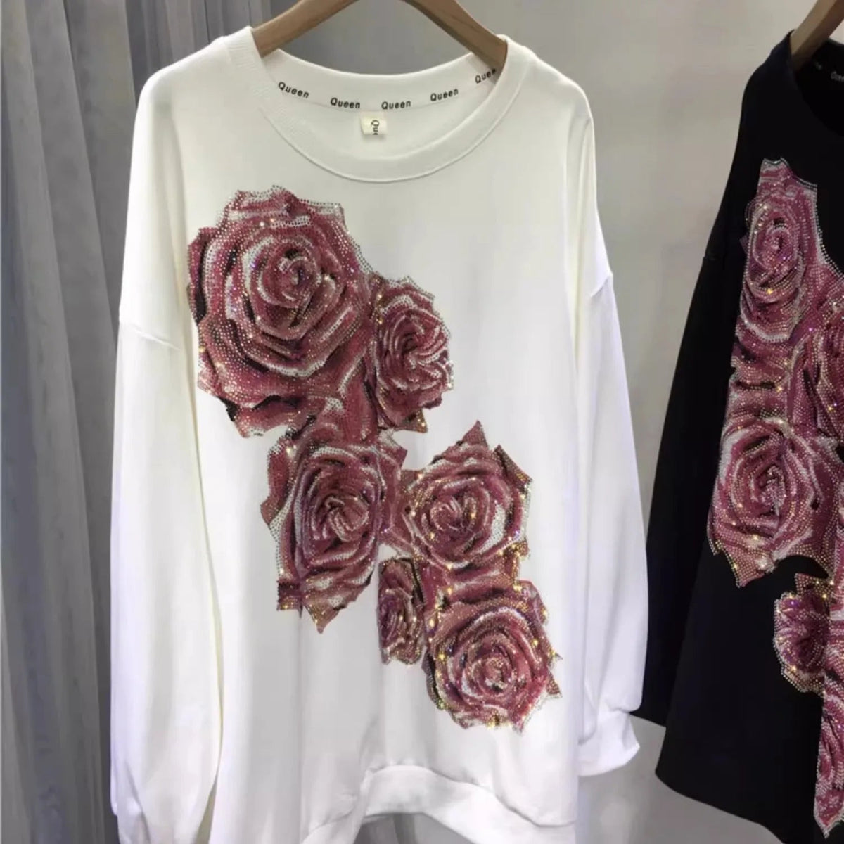 Oversized Rhinestone light luxury rose round-neck long-sleeved top pull-over women's sportswear SS69 34.69 WHITE / 2XL