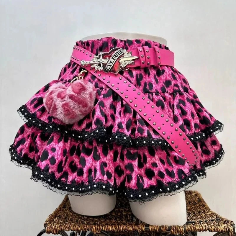 Y2k Japanese Vintage Lolita Style Short Party Skirts Women Gothic Leopard Print Mini Skirts Streetwear Harajuku Punk Skirt Chic