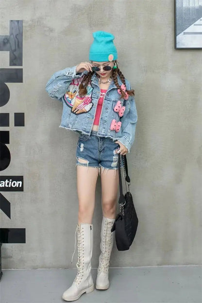 2024 New Women Coat Cartoon Sticker Embroidered Sequin Short Denim Jacket Loose Bowknot Top SS69