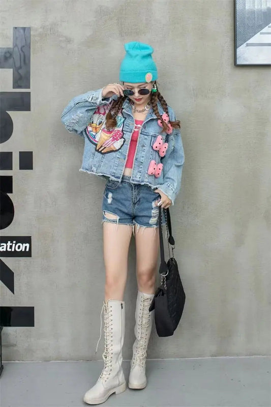 2024 New Women Coat Cartoon Sticker Embroidered Sequin Short Denim Jacket Loose Bowknot Top SS69