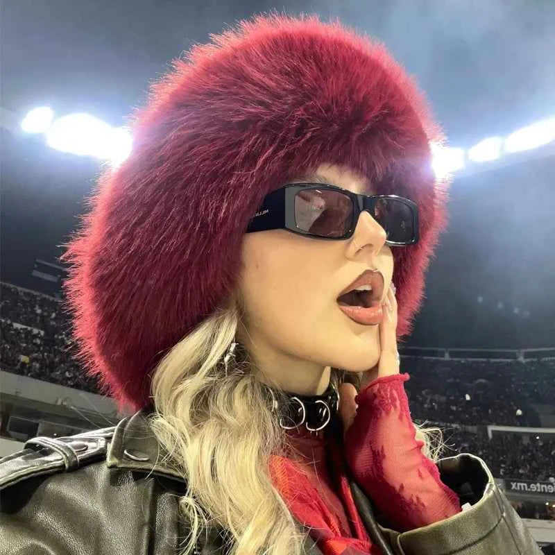 2025 Fluffy Faux Fur Bucket Hats Women Rabbit Fur Warm Thick Plush Winter Hat Lady Fashion Luxury Panama Furry Fisherman Cap Y2k