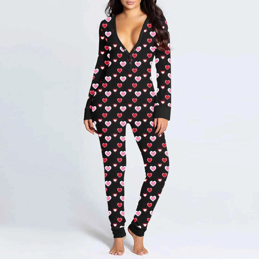 Sexy Women Pajamas Onesies Button-down Buttoned Flap Adults Pyjama Autumn Long Sleeve V-neck Jumpsuit Female Bodysuit Sleepwear