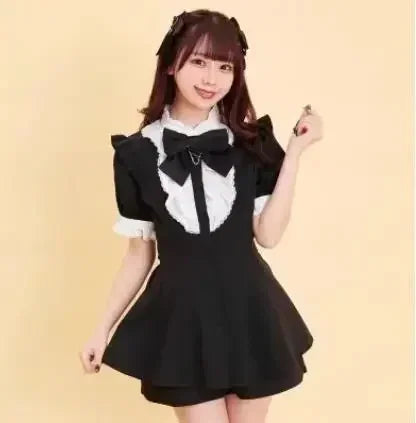 Geyalovvy Women's Lolita Sailor Collar Plaid Rhinestone Bow Two-Piece Set