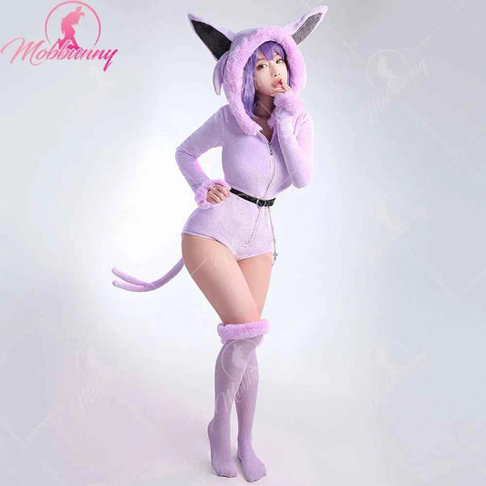 MOBBUNNY Espeon Cosplay Costume Women Hooded Bodysuit Tail Socks Suit Cute Cartoon Flannel Pajamas Bunny Girl Plush Jumpsuit