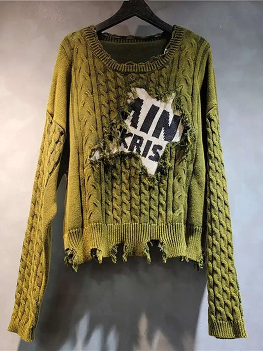 DEAT Women's Loose Knit Sweater Long Lantern Sleeve Patchwork Pullover