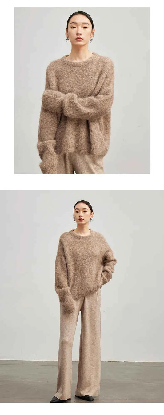 Warm Alpaca Pullovers for Woman, Dropped Sleeved Loose Sweaters, 2025 Fall Winter Top, Camel, Beige
