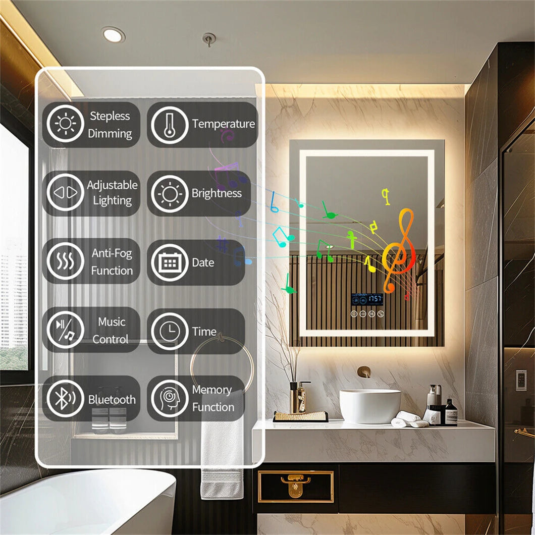 Smart LED Bathroom Mirror Rectangle Wall Mount Mirror w Bluetooth Speaker,Time,Temperature,Light Memory,Front & Backlit,Anti-Fog SS69
