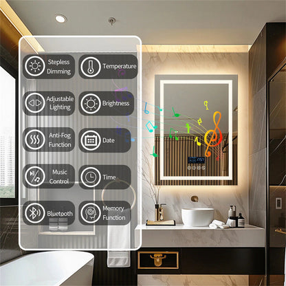 Smart LED Bathroom Mirror Rectangle Wall Mount Mirror w Bluetooth Speaker,Time,Temperature,Light Memory,Front & Backlit,Anti-Fog SS69