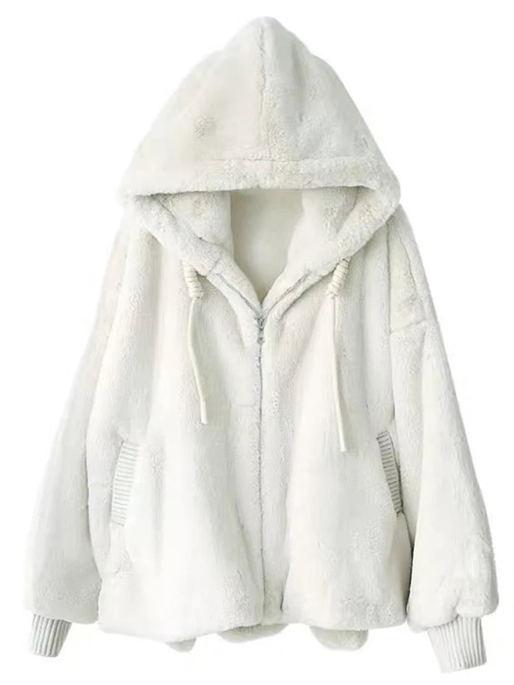 Nerazzurri Winter White Oversized Faux Fur Jacket Women with Hood Raglan Sleeve Zipper Korean Fashion Clothing for Womens 2021