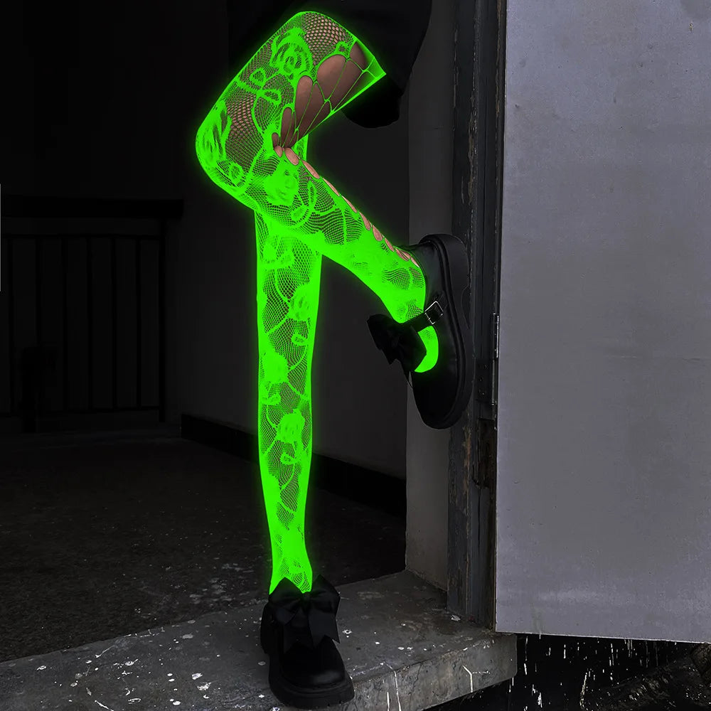 Women Glow in The Dark Fishnet Tight Rose Pattern Fishnet Tights Luminous Fishnet Halloween Party Festive Dress Up SS69 11.69 3082(Green) / Max 172cm 75kg / CHINA