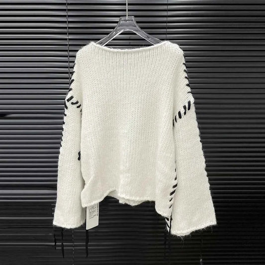 Loose Knitted Long Sleeve Crew Neck Pullover Sweater Fashionable Early Autumn New Style Wear Rope Pin Women's Top