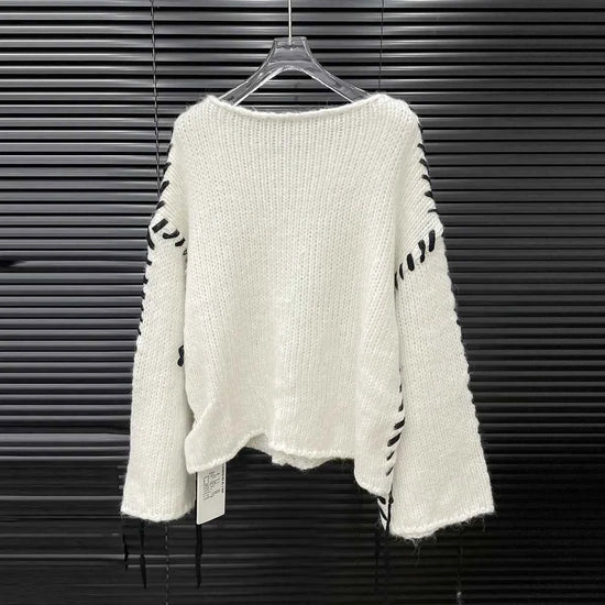 Loose Knitted Long Sleeve Crew Neck Pullover Sweater Fashionable Early Autumn New Style Wear Rope Pin Women's Top
