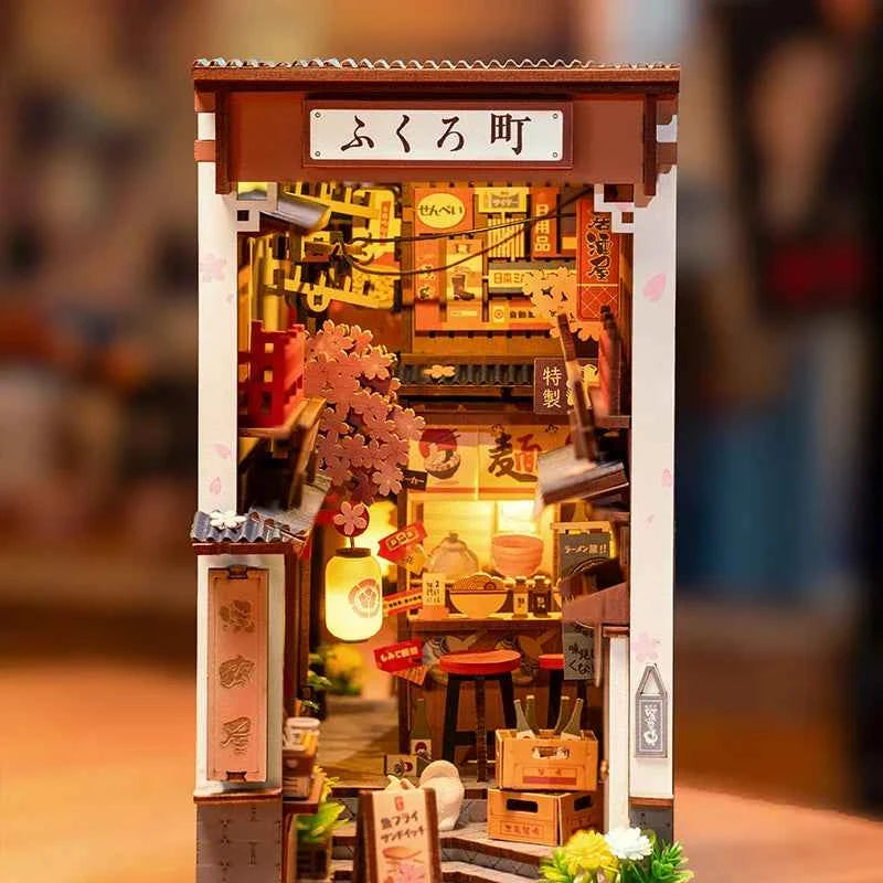Robotime Rolife Sakura Wine Alley Japanese Style Design Book Nooks Kit for Family Home Bookshelf Decoration 3D DIY Wooden Puzzle
