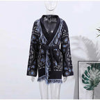 Vintage Tassels Print Women's Print Cardigan V-Neck Lace Up Full Sleeve Spliced Sweaters 2025 Autumn Lady All-match Kintwears