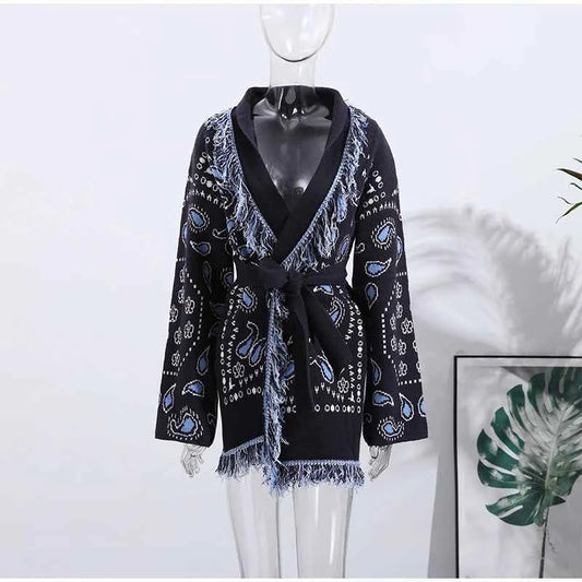 Vintage Tassels Print Women's Print Cardigan V-Neck Lace Up Full Sleeve Spliced Sweaters 2025 Autumn Lady All-match Kintwears