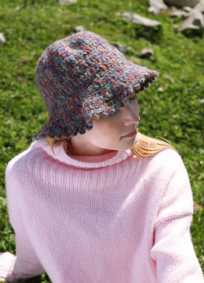 OhSunny Autumn Winter Wavy Brim Bucket Hats,Rainbow Cute Thermal Caps Women's Outdoor Warm Hand-knitted Fisherman Caps Packable