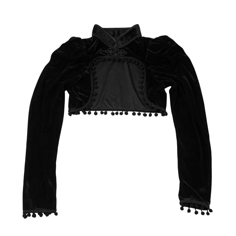Medieval Steampunk Jacket Black Tassel Stand Collar Short Top Women Gothic Coat Navel-exposed Long Sleeve Retro Slim Fit Coats SS69