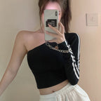 2025 Ropa Mujer Sexy Tshirts Women Off Shoulder Long Sleeve Tunic Black Tees Chic Casual T Shirt Summer Harajuku Y2k Crop Tops SS69