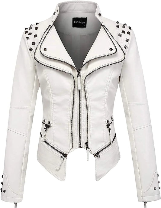 2025 Spring New Style Suit Collar Rivet Waist Short Washed Pu Leather Jacket