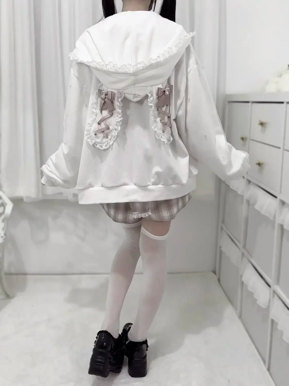 CHUJIECN Kawaii Bunny Ear Lace Zipper Hoodie