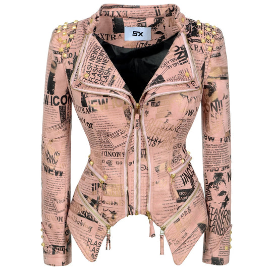 SX women 2019 spring autumn denim rivet punk Short Slim fit jacket motorcycle Windbreaker zipper outerwear SS69 87.69 Pink suede / XS / CHINA