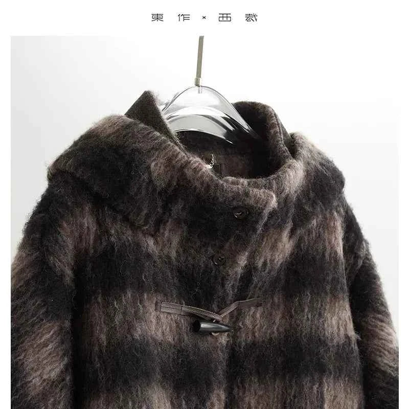 Plaid Coat~ Retro Style Horn Button Mid-Length Coat Women's Alpaca Wool Coat 2025 Winter British Style