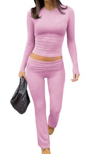 Women's Knit Yoga Set: Long-Sleeve Crop Top & Flared Pants