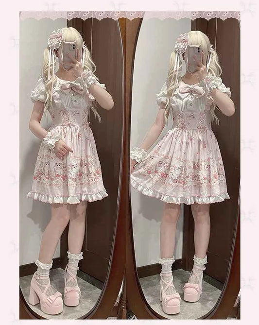 Original New Spring Summer Cute Print Short-sleeved Lolita OP Dress Japanese Sweet Girl Mass-produced Kawaii Bow Short Dresses