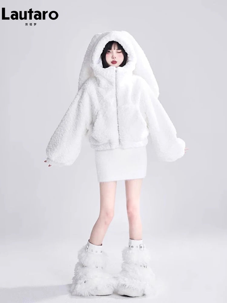 Lautaro Autumn Winter Sweet Cute Lovely Warm Soft White Short Faux Fur Coat Women  with Bunny Ears Fluffy Jacket Hoodie 2023 SS69