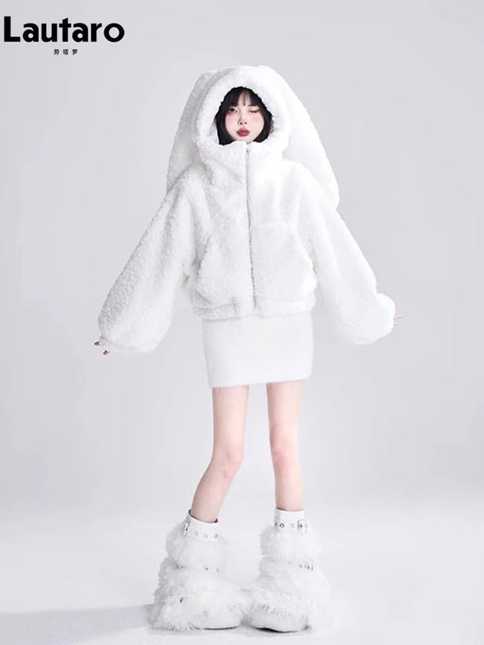 Lautaro Autumn Winter Sweet Cute Lovely Warm Soft White Short Faux Fur Coat Women  with Bunny Ears Fluffy Jacket Hoodie 2023 SS69