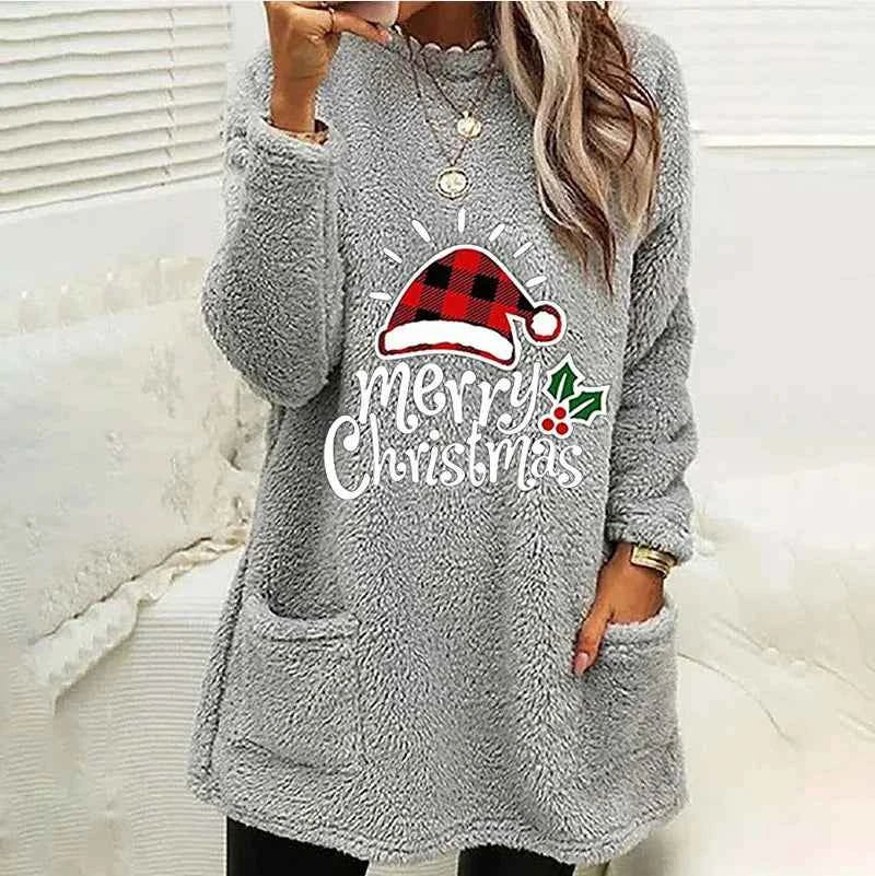 Plus-size European and American cross-border  autumn and winter new casual print pocket plush sweatshirt