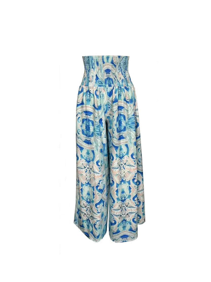 Women's High Waist Printed Wide-Leg Pants Ruched Design - Beach Vacation Casual & Commute Fashion Slim Fit Outfits