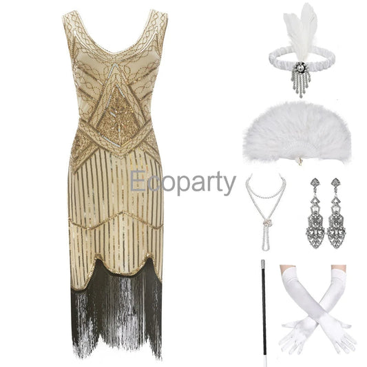 1920s Gatsby Dress 20s Flapper Girl Fancy Retro Sleeveless Sequins Embroidered Tassels Party Dress With Fan Necklace Accessories SS69 58.69 beige Black / XXL / CHINA