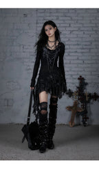 NO ROMANCE Fairy Sexy Punk Printing Half Transparent Lace Patch Knitted Long Sleeve Hooded Dresses Rock Gothic Design Vestidos SS69