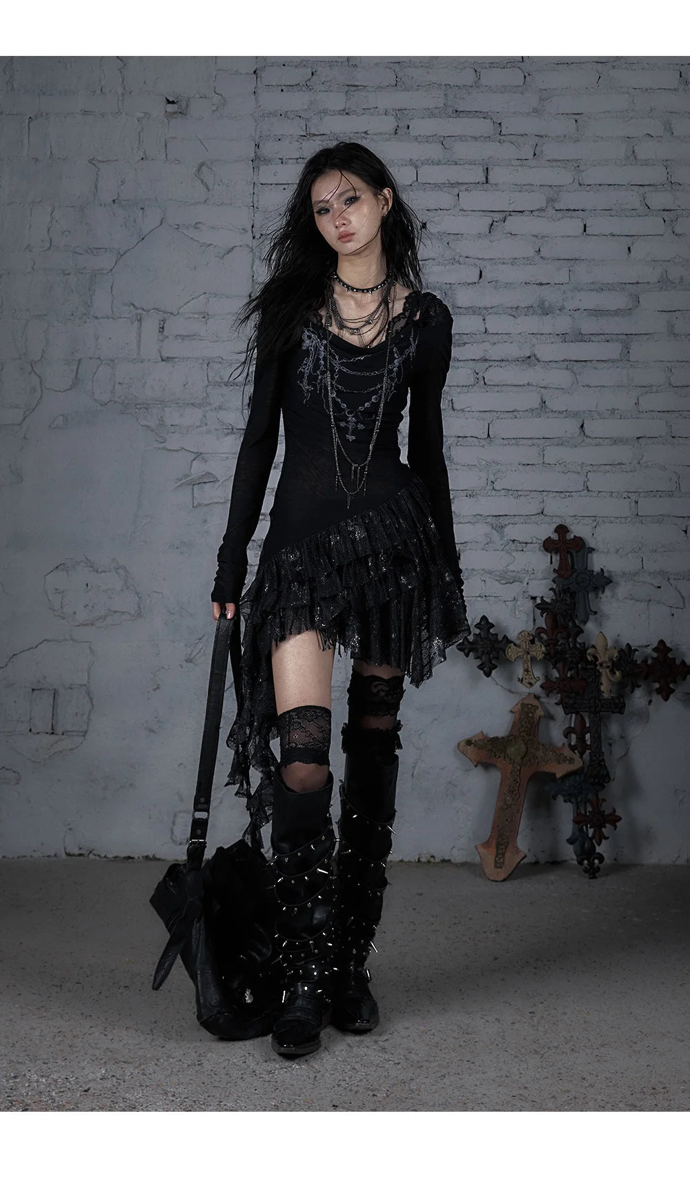 NO ROMANCE Fairy Sexy Punk Printing Half Transparent Lace Patch Knitted Long Sleeve Hooded Dresses Rock Gothic Design Vestidos SS69