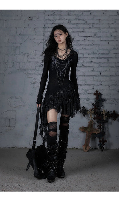 NO ROMANCE Fairy Sexy Punk Printing Half Transparent Lace Patch Knitted Long Sleeve Hooded Dresses Rock Gothic Design Vestidos SS69