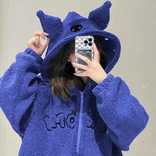 Sanrio New Hoodie Hooded Kuromi Cute Thicken Coat Fleece-Lined Embroidery Women's Loose Plus Size Hoodie Autumn and Winter Ins
