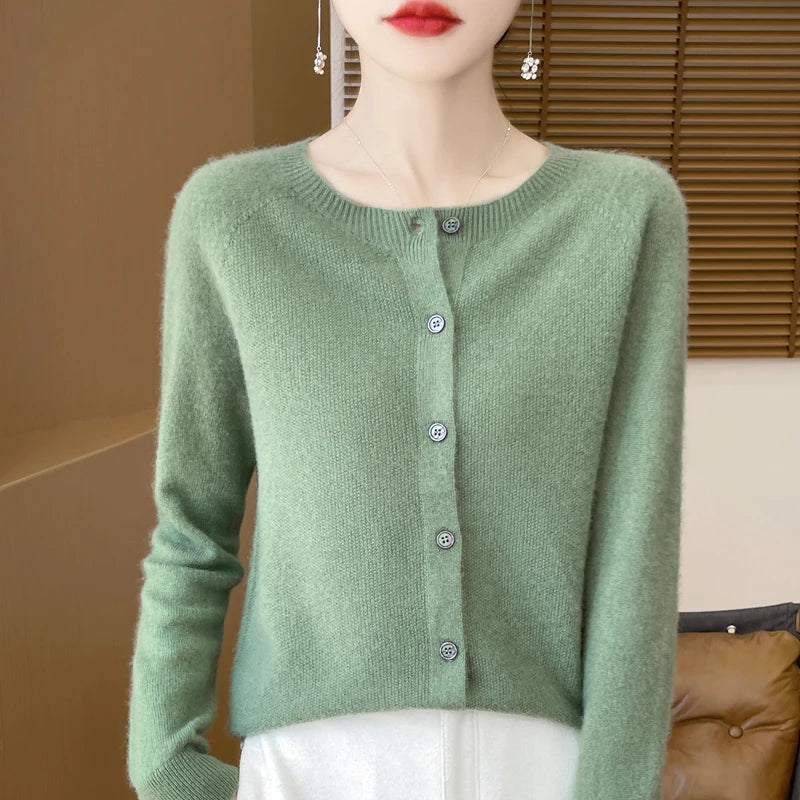 100%Merino Wool Cardigan Women's Round Neck Casual High-Quality AutumnWinter Solid Color Jacket Knit Basic Sweater Pure Wool Top SS69 23.69 song shi green / XXL / CHINA