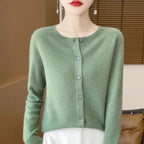 100%Merino Wool Cardigan Women's Round Neck Casual High-Quality AutumnWinter Solid Color Jacket Knit Basic Sweater Pure Wool Top SS69 23.69 song shi green / XXL / CHINA