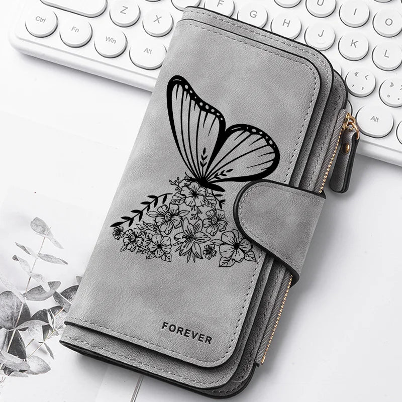 ZeAiLi Long PU Leather Clutch Wallet with Animal Paw & Butterfly Print
