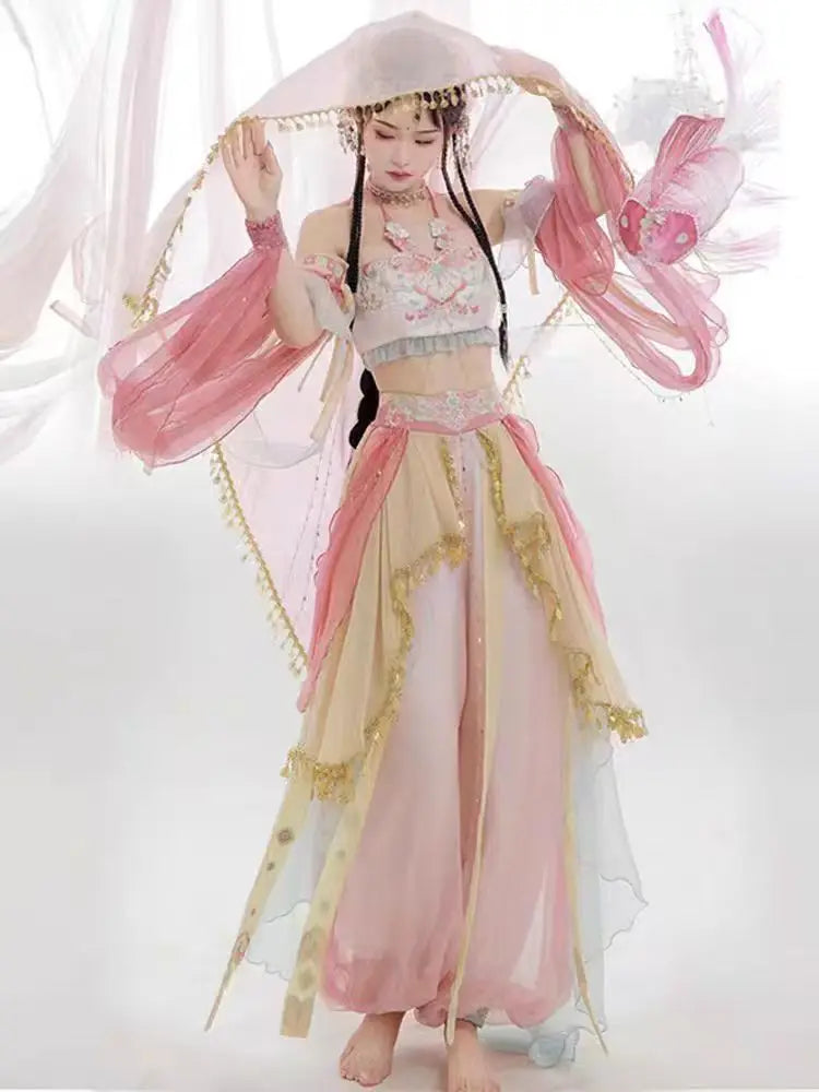 Dunhuang Feitian Chinese style printed silk Hanfu 4-piece set, high-end retro Hanfu, high-end satin embroidery craftsmanship SS69