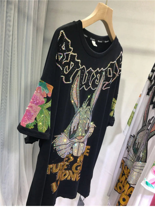 Oversized top Rhinestone diamond o-neck peony print rabbit fashion women's short-sleeved T-shirt SS69