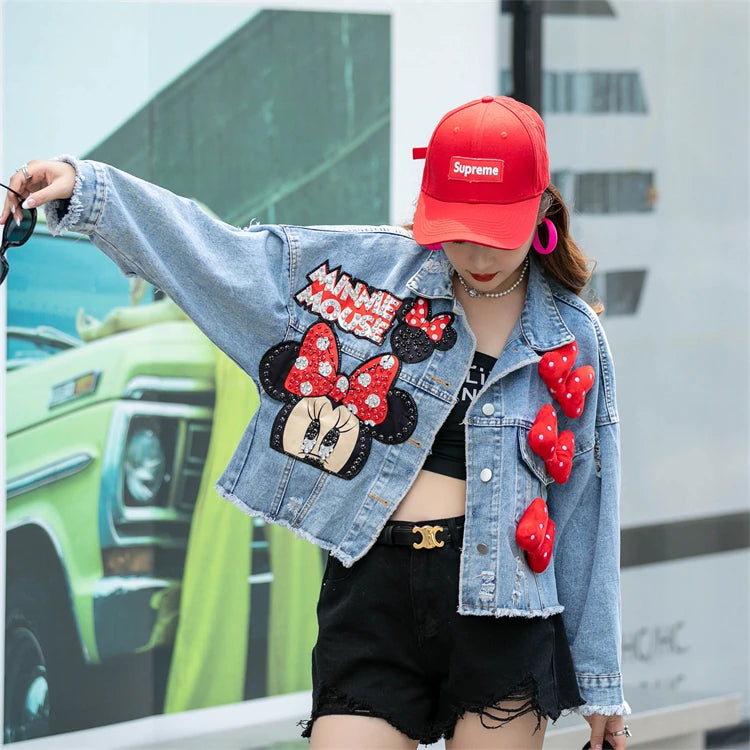 2024 New Women Coat Cartoon Sticker Embroidered Sequin Short Denim Jacket Loose Bowknot Top SS69